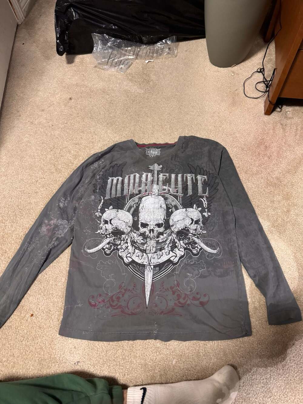 MMA Elite Vintage Y2K Skull Sword Graphic Long Sleeve Shirt Grey M